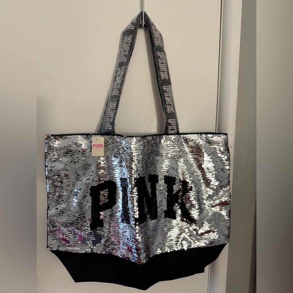PINK Victoria's Secret Silver Sequin Tote Bag